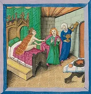 Joseph et la femme de Potiphar. Bible en allemand (1468-1470). Bibliothèque de l'Université d'Augsbourg, Cod.I.3.2 III, fol. 34v.