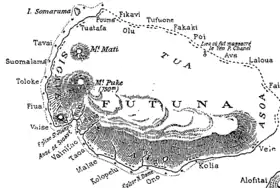 Carte de Futuna du début du XXe siècle ; le mont Puke se trouve dans l'ouest de l'île.