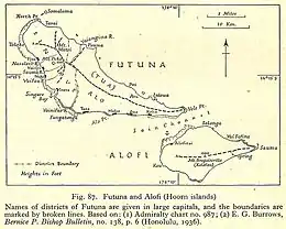 Carte en marron et noir, montrant deux îles. Futuna, la plus grande, est en forme triangulaire. Légende en anglais.