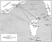 schéma jonction géodésique directe de la Corse à la France Continentale