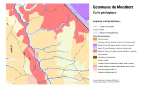 Carte représentant sous forme de secteurs de couleurs le zonage géologique d'un territoire.