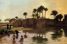 Le tableau est un paysage montrant des baigneuses nues dans un lac, devant un paysage avec palmiers et bâtiments en terre.