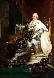 Portrait de Louis XVIII en habits de sacre dont le manteau bleu fleurdelisé.