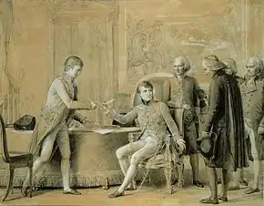 Lavis de bistre représentant Joseph Bonaparte (à gauche) tendant une plume à Napoléon, assis au centre, le regard tourné vers des hommes d'église à sa droite.