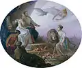 Peinture de format ovale représentant Stéphanie et Rodolphe assis sur un marche-pied à gauche, aux côtés d'un lion et de trois femmes, ainsi qu'un ange.