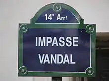 Plaque de rue de l'impasse Vandal, dans le 14e arrondissement de Paris (France)