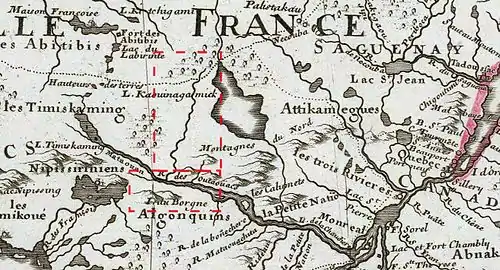 leftExtrait de la carte de 1703 de Guillaume de l'Isle montrant la rivière Dumoine (Aginagwasi sipi, )