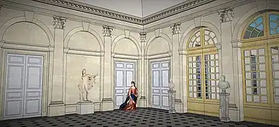 Restitution du Grand Salon (ou Vestibule) de Saint-Mandé, au temps de Fouquet, vue du côté des portes d'accès aux appartements.