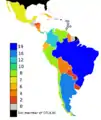 Membres du groupe latino-américain et Caraïbes colorés selon le temps qu'ils avaient passé au Conseil de sécurité à la date de  2010.