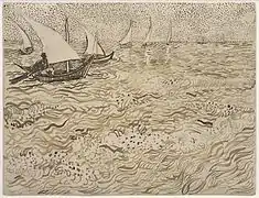 Bateaux aux Saintes-Maries-de-la-Mer, 1888, crayon rouge et encre au graphite sur papier tissé, 24,3 × 31,9 cm, New York, musée Solomon R. Guggenheim.
