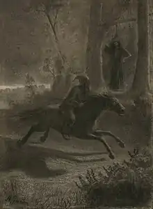 La Corriveau terrorisant un voyageur qui fuit à cheval, dessin d'Arthur Guindon, 1923