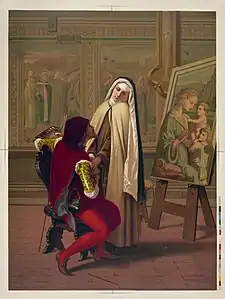 D'après Gabriele Castagnola, Amour ou Foi (1873), chromolithographie. Scène représentant la rencontre entre Filippo Lippi et Lucrezia Buti.