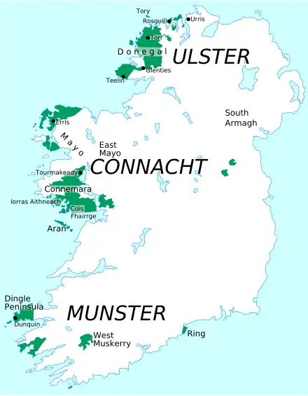 Carte de l'Irlande, avec des régions de langue irlandaise colorées en vert