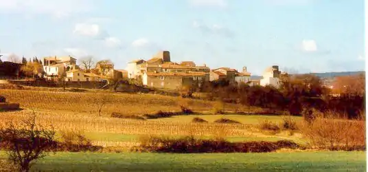 Vue du village en hiver de la route D 907. Dominant le village, on peut reconnaître la tour du premier château. Plus sur la droite, on voit l'église, puis la tour du second château.