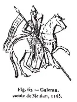 Fig.4 : "sceau non daté de Galéran IV de Meulan présentant l'échiqueté sur le gonfanon, sur la cotte d'arme et sur la couverture de la selle". Et également sur l'écu semble-t-il.