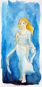 dessin d'une jeune femme blonde portant une robe blanche et un anneau au doigt, tenant une fiole dans sa main droite.