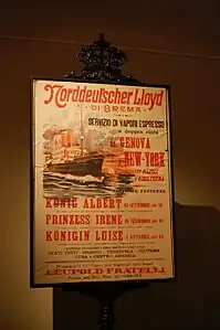 Affiche de la Norddeutscher Lloyd pour Genova - New York en bateau à vapeur au début du XXe siècle.