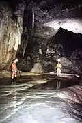 hommes debout sur un plancher stalagmitique