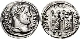 Photographie des deux faces d'une pièce en argent représentant Galère.