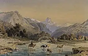 Peinture en couleurs d'une rivière traversée par des animaux dans un paysage de montagnes.