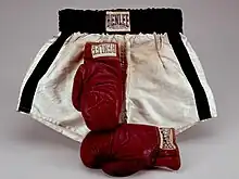 Deux gants de boxe rouges devant un short de boxe noir et blanc.