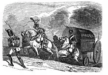 Des chevaux tirant une charrette, encouragés par le fouet de leur cavalier.