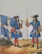 Habillement du régiment des Gardes Françaises en 1697.Habit bleu, parements rouges garnis d'éléments blancs