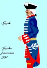 Régiment des Gardes Françaises en 1757 (Habit bleu, parements rouges garnis d'éléments blancs)