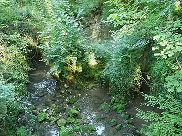 La Gardonnette presque à sec en été, en contrebas du château de Bridoire, en limite des communes de Ribagnac et Rouffignac-de-Sigoulès.