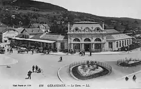 La gare de Gérardmer, pendant la Première Guerre mondiale, à l'époque de son exploitation par la Compagnie des chemins de fer de l'Est.