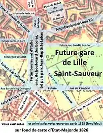 Espace de la future gare et boulevard sur fond de carte d'Etat Major 1826