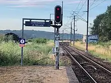 Extrémité sud des quais de la halte (vers Paris) avec le signal de sortie et le début de la double voie