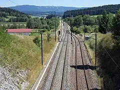 Vue des voies en gare de Vaux-et-Chantegrue en direction de Vallorbe.