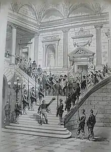 Garibaldi quittant le Grand-Théâtre de Bordeaux sous la haie d'honneur des Gardes nationaux en 1871.