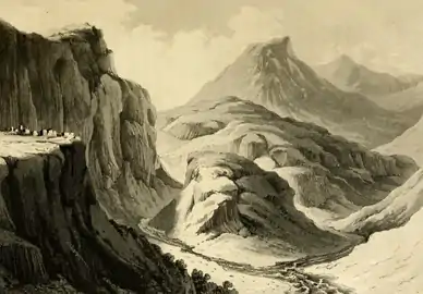Рисунок Robert Ker Porter défilé de Garni représenté en 1821. Les ruines du temple sont visible sur le promontoire gauche.