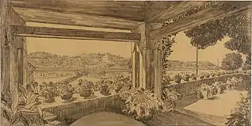 Projet de terrasse imaginé par Tony Garnier, avec vue sur colline de Caluire.