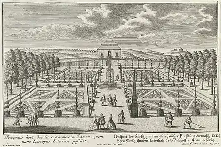 Jardin de l'ancien palais d'été de l'archevêque à Presbourg dans la première moitié du XVIIIe siècle. À droite, en arrière-plan, les chapelles du Calvaire de Bratislava. .