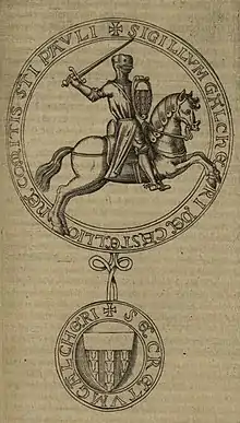 Reproduction en noir et blanc d'un sceau médiéval représentant un homme en armure à cheval tenant une épée de la main droite et un écu de la gauche.