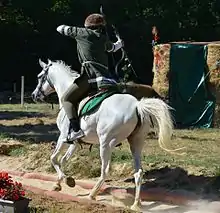 Cavalier vu de 3/4 dos, tirant à l'arc sur une cible.