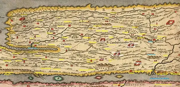 table de Peutinger, section 1 : Gaule narbonnaise et Nemausus : Roidomna écrit au-dessus d'Aquis Segete (Moingt),dans le quart inférieur droit de cette section