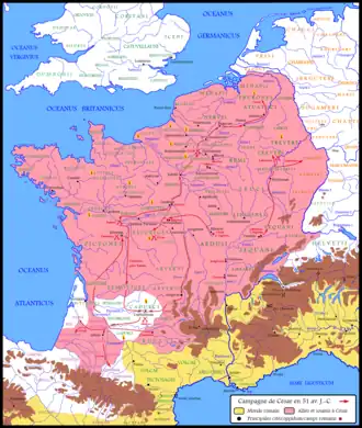 Huitième année de campagne en 51 av. J.-C. et itinéraire de César en Aquitaine.