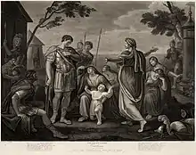 Photographie en noir et blanc d'une gravure représentant à droite la mère de Coriolan venant, bras écartés, implorer son fils de mettre fin à la guerre qu'il mène contre Rome.