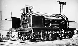 Locomotive Bourbonnais, état d’origine, construite par J. F. Cail & Cie en 1858 pour la compagnie des Chemins de fer de l'ouest suisse portant le n° 1 "Le Vaux" d'une série de cinq locomotives.