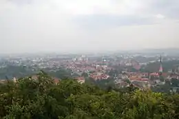 Photographie couleur d'une ville prise depuis une colline boisée.