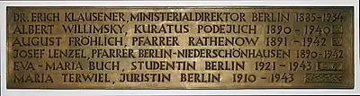 Une partie de la plaque commémorative qui se trouve à la cathédrale Sainte-Edwige de Berlin, à l’intention des catholiques de l’archidiocèse de Berlin tués pendant la guerre.