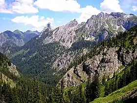 Le Geiselstein (à gauche), le Gumpenkarspitz et le Gabelschrofen depuis Branderfleck