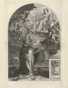 Dominicain agenouillé devant un autel, probablement Hendrik Seuse, gravure (n. d., Rijksmuseum Amsterdam).