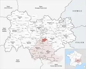 Situation de la Communauté de Communes Porte de DrômArdèche au sein de la Région Auvergne-Rhône-Alpes.