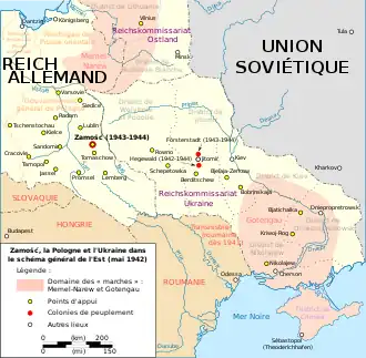 Carte des territoires conquis par l'Allemagne en Europe de l'Est en 1942. Zamosc est situé dans le Gouvernement général.