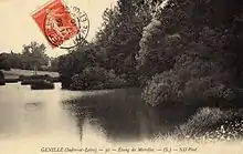 Vue d'un étang avec des arbres s'avançant sur l'eau ; reproduction d'une carte postale sépia.